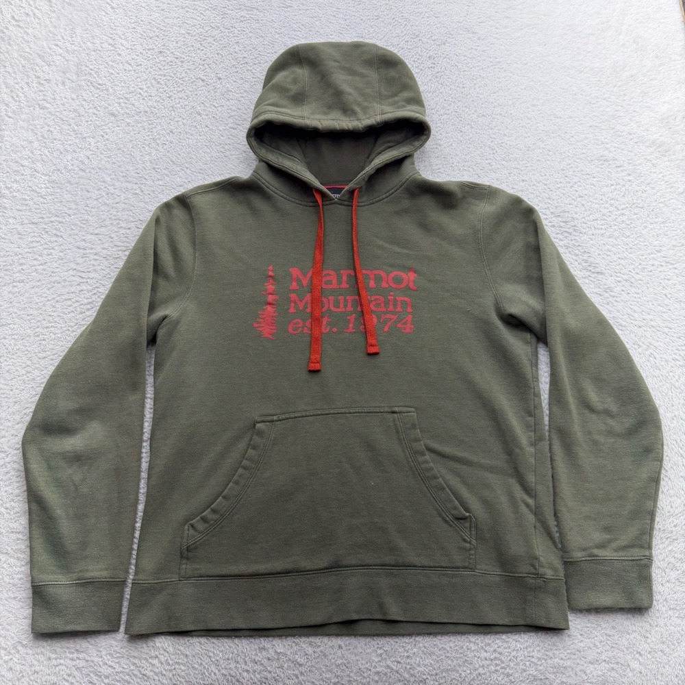Marmot Mountain Est 1974 Hoodie Mens Medium Olive Green Graphic Pullover SCC-240